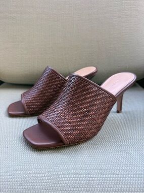 Veronica Beard Maisie Woven Slide Heel Stiletto Sandals Rattan Resortwear Brown